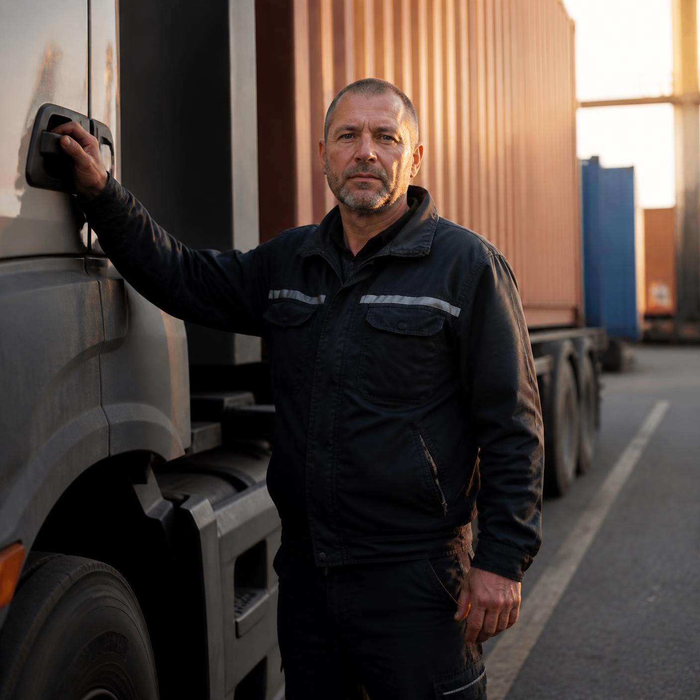 Ervaren chauffeur naast een vrachtwagen met containeroplegger