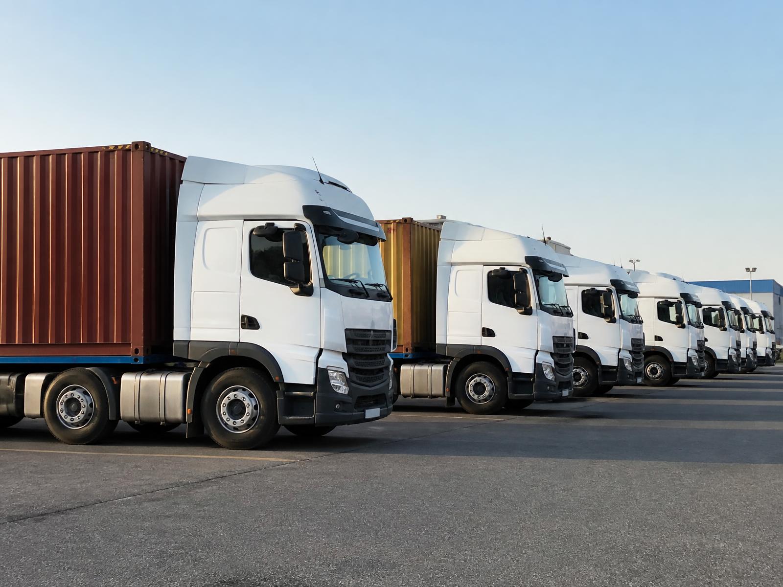 Rij vrachtwagens met containeropleggers op een logistiek terrein